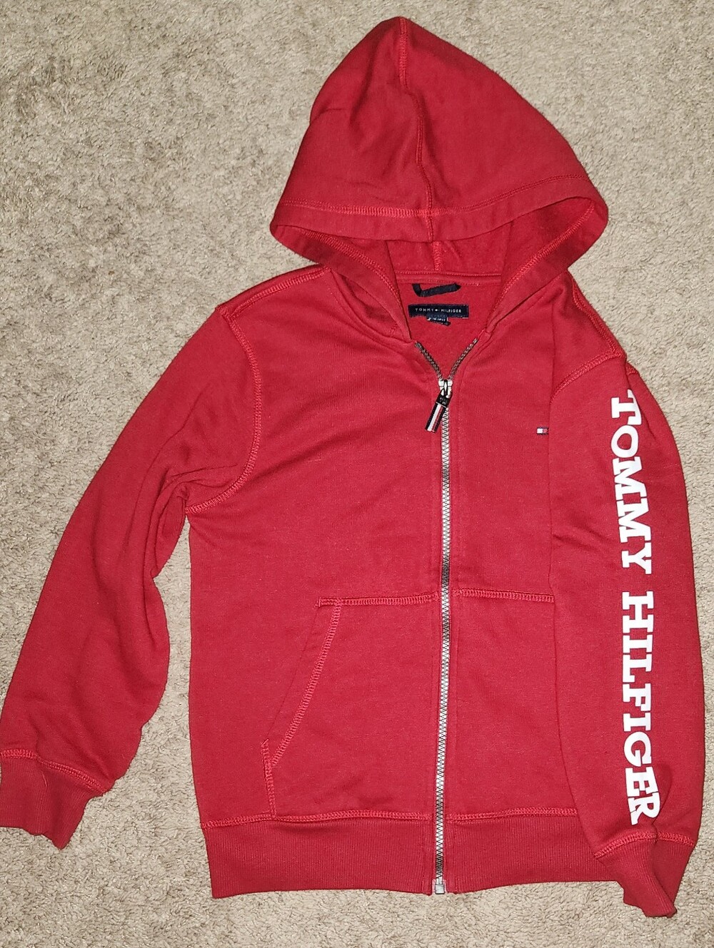 Tommy Hilfiger Red Full-Zip Hoodie with Sleeve Script